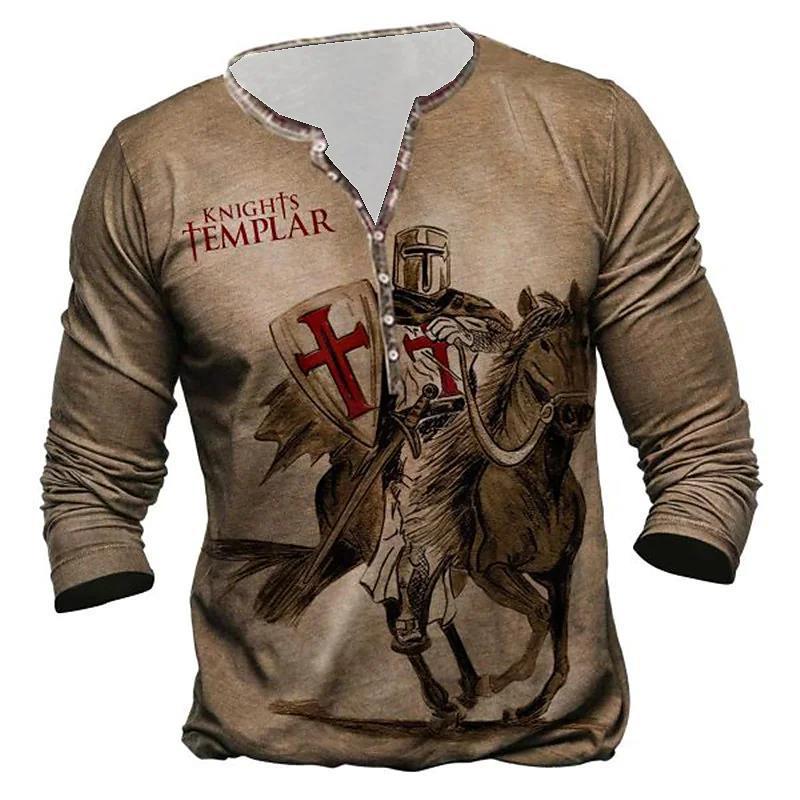 Open Placket Button Digital Printing Men's Long-sleeved T-shirt