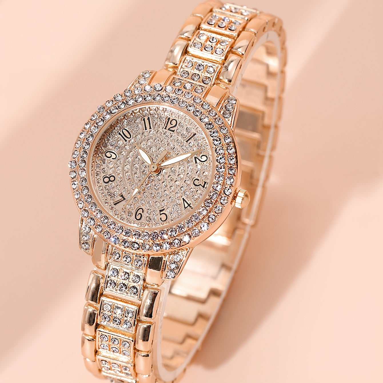 2pcs Women Watches Bracelet Golden Tone Alloy Quartz Watch Stylish Rhinestone Bling Dress Watch Wristwatches, For Xmas