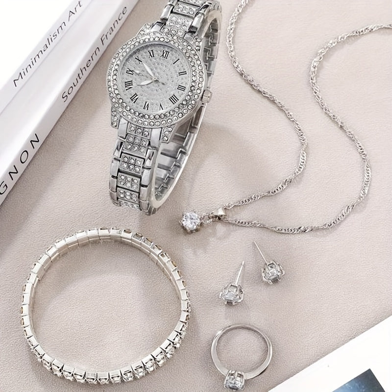 7pcs Rhinestone Encrusted Quartz Watches For Women Alloy Wrist Watch With Jewelry Set Great Gift For Her Mom Girlfriend Gifts For Eid
