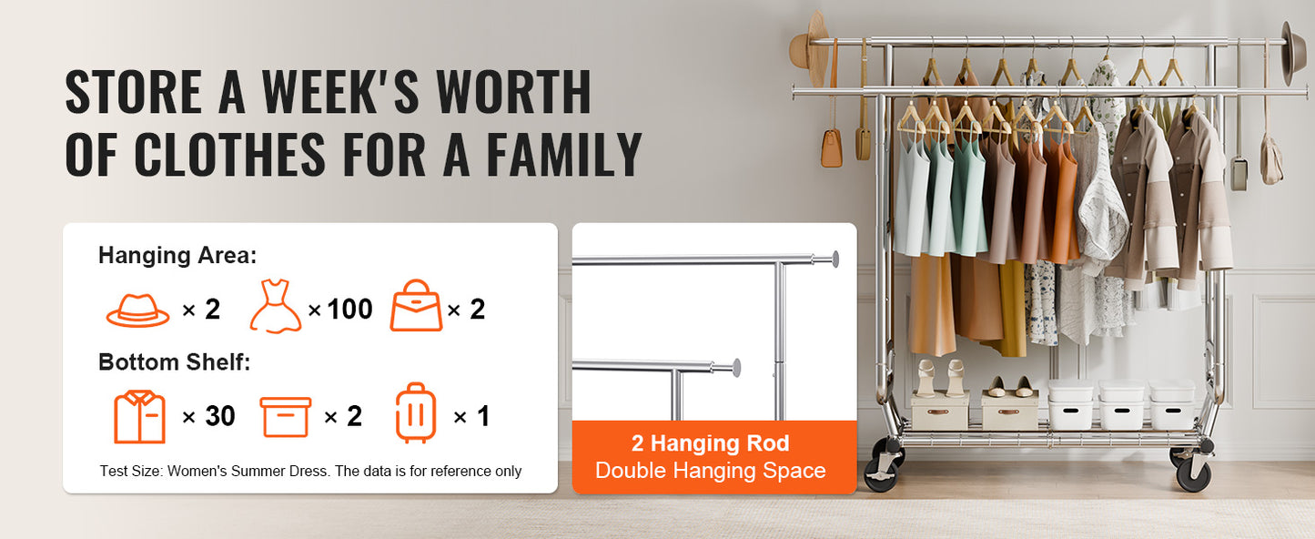 SucceBuy Clothing Garment Rack Heavy Duty Clothes Rack Adjustable Length Clothes Rack w/ Bottom Shelf & Wheels for Laundry Room