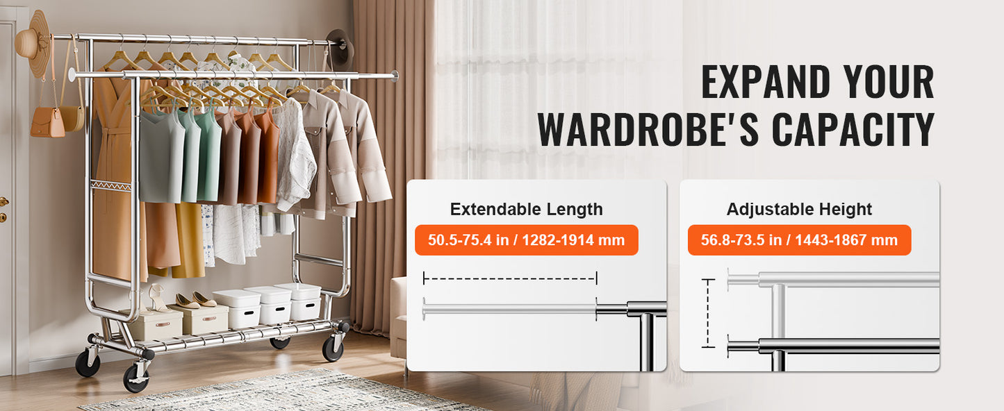 SucceBuy Clothing Garment Rack Heavy Duty Clothes Rack Adjustable Length Clothes Rack w/ Bottom Shelf & Wheels for Laundry Room