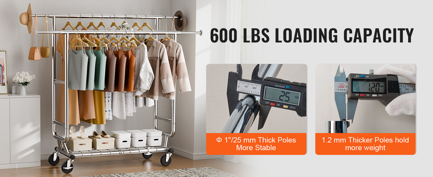 SucceBuy Clothing Garment Rack Heavy Duty Clothes Rack Adjustable Length Clothes Rack w/ Bottom Shelf & Wheels for Laundry Room