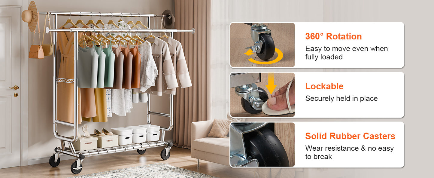 SucceBuy Clothing Garment Rack Heavy Duty Clothes Rack Adjustable Length Clothes Rack w/ Bottom Shelf & Wheels for Laundry Room
