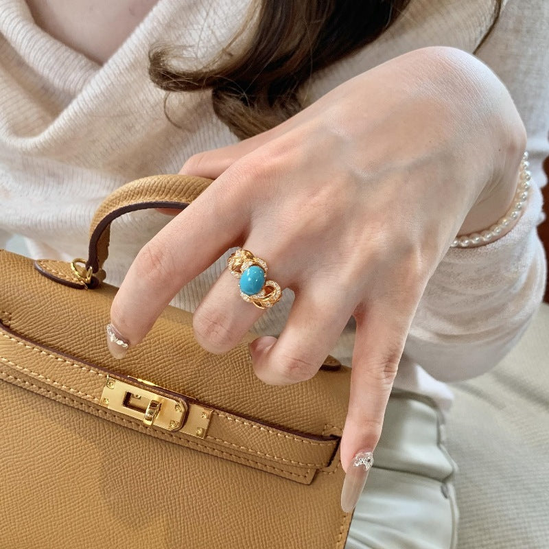 Fashion French Wave Hollow Turquoise Ring