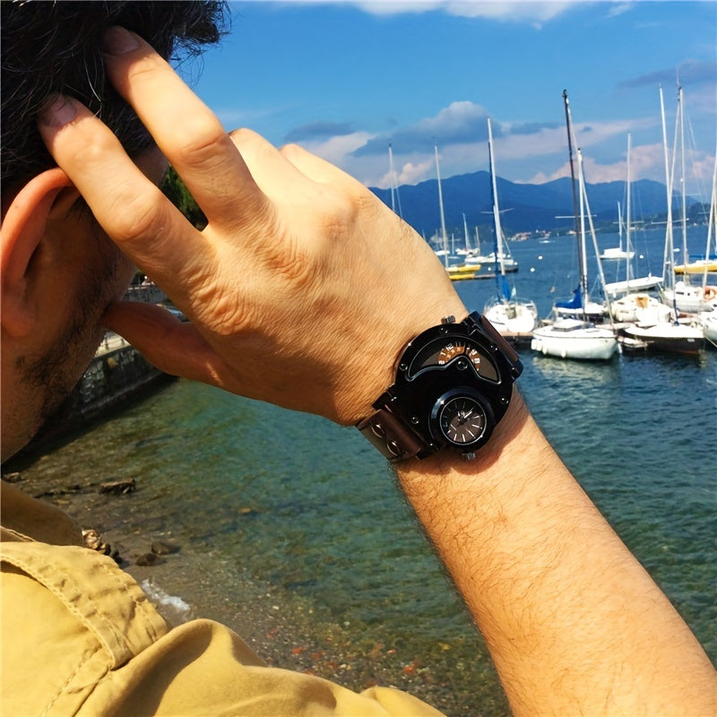 Oulm Unique Double Time Zone Sports Quartz Watch Male Clock Casual PU Leather Military Wristwatch Men's Watches, Ideal choice for Gifts