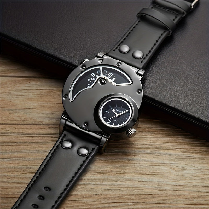 Oulm Unique Double Time Zone Sports Quartz Watch Male Clock Casual PU Leather Military Wristwatch Men's Watches, Ideal choice for Gifts