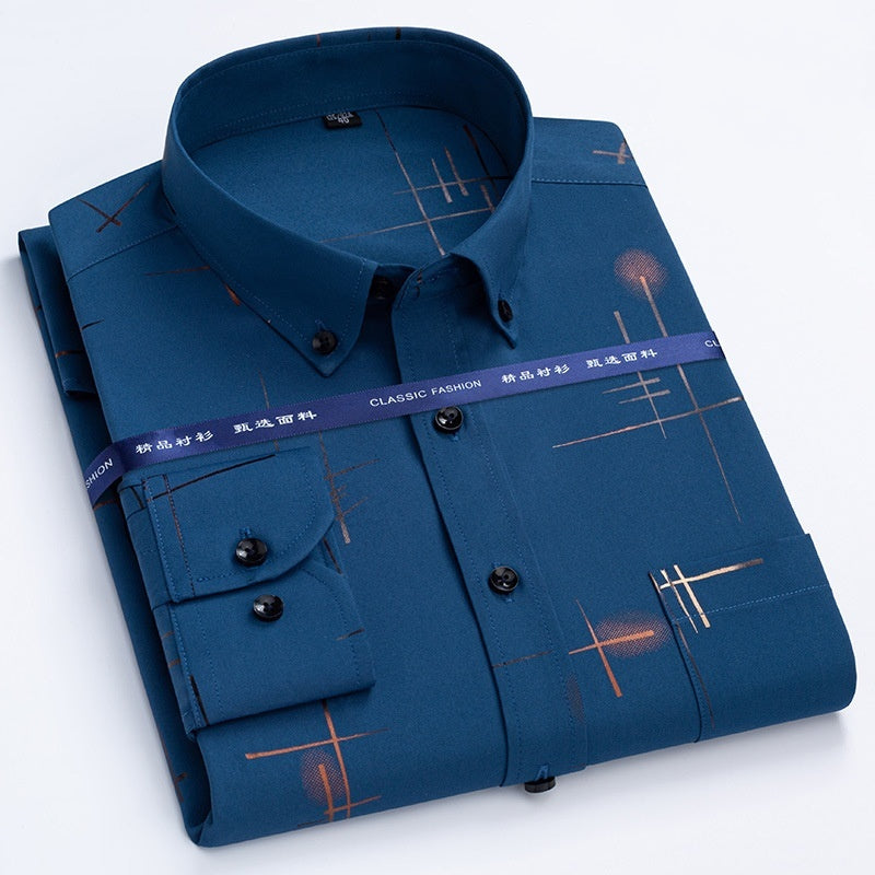 Middle-aged And Elderly Men's Non-ironing Anti-wrinkle Shirt Casual Bronzing Plaid Shirt