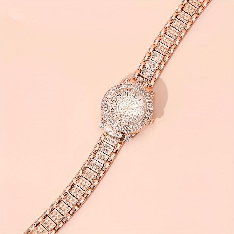 2pcs Women Watches Bracelet Golden Tone Alloy Quartz Watch Stylish Rhinestone Bling Dress Watch Wristwatches, For Xmas