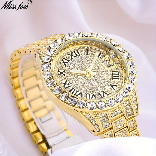 MISSFOX Women Watch Iced Out Shiny Diamond Fashion Elegant Small Case Dress Watches Fashion With Auto Calendar