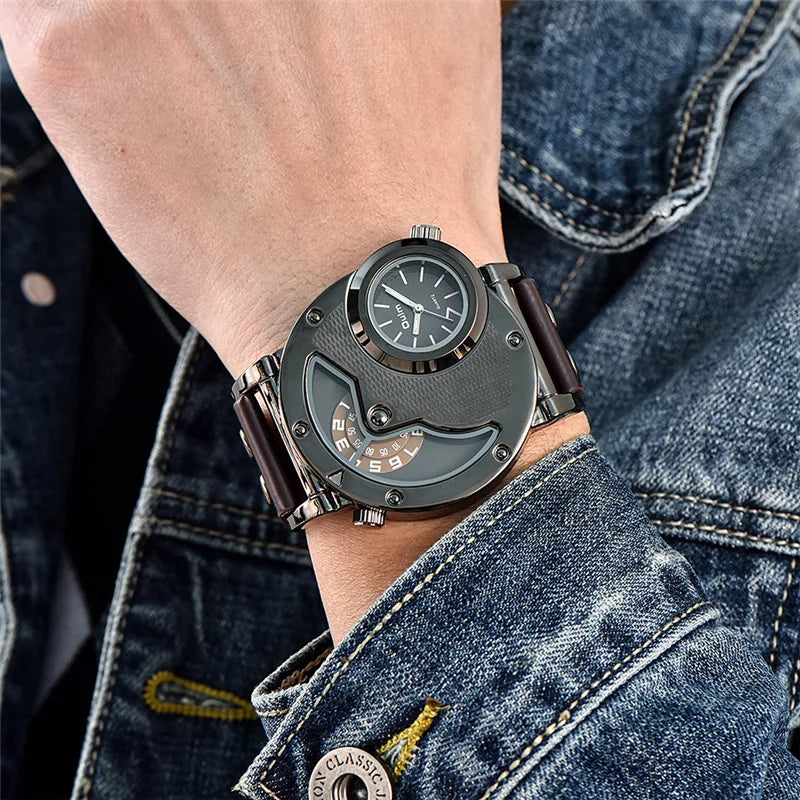 Oulm 9591 Sport Men Quartz Watch Two Time Zone Classic Men's Wristwatch Casual Leather Strap Male Clock reloj hombre