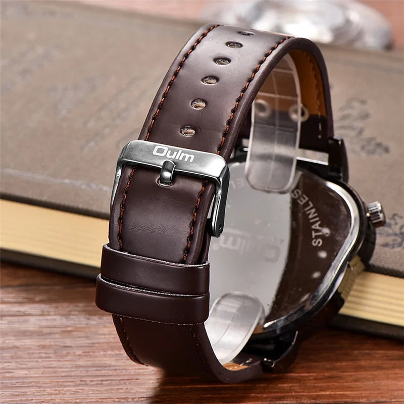 Oulm 9591 Sport Men Quartz Watch Two Time Zone Classic Men's Wristwatch Casual Leather Strap Male Clock reloj hombre