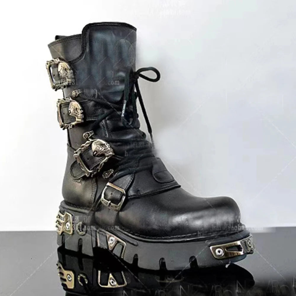 Men's Fashion Genuine Leather Motorcycle Boots Gothic Skull Punk Boots Design Rock Women Mid-calf Boots Metallic Combat Boot48