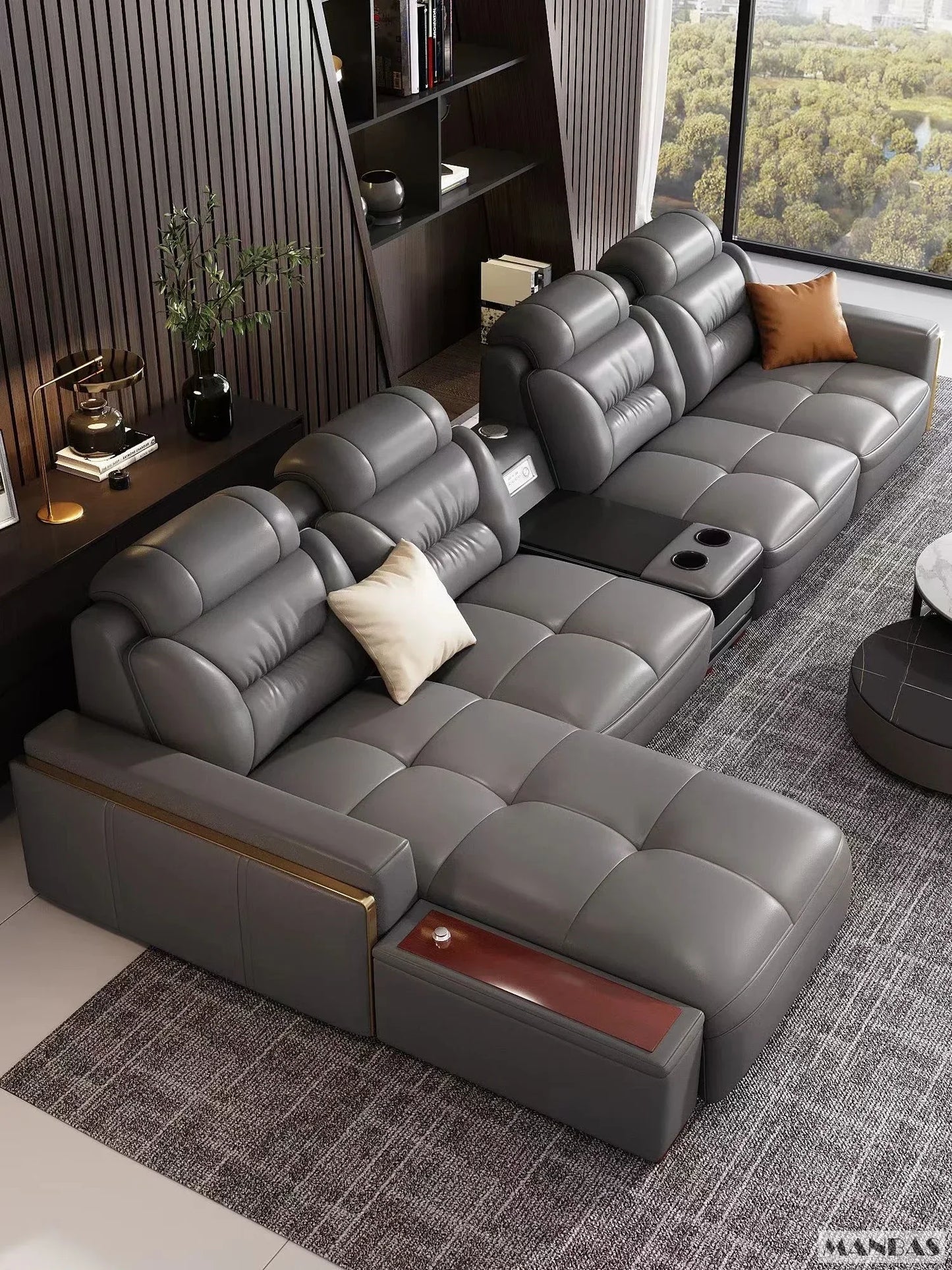 Linlamlim Modern Genuine Leather Sectional Sofa Set with Chaise Lounge– Upholstered Modular Couch with USB and Bluetooth Speaker
