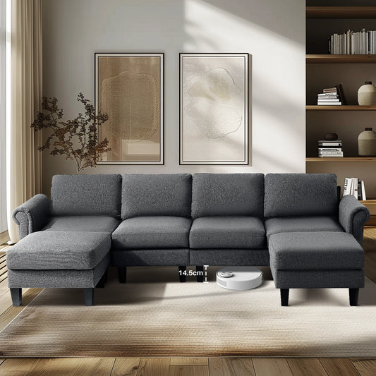 Redlife 108" Sectional Sofa w/ Chaise Living Room Sofa Convertible 4 Seat L-Shape Sofa Set Fabric Sectional Couch w/ Two Ottoman