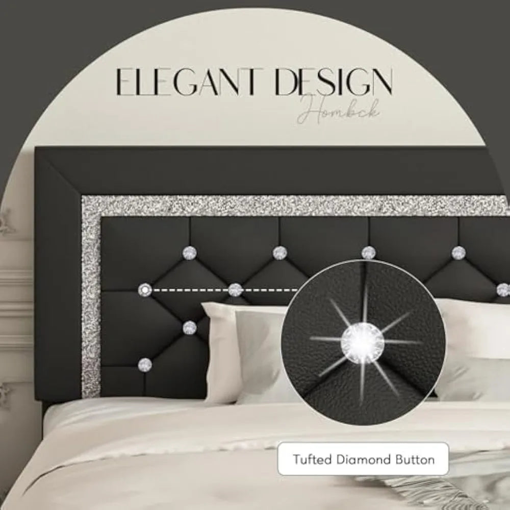 Platform Bed Frame with Upholstered Diamond Headboard, Mattress Foundation with Strong Wooden Slats Support, No Box