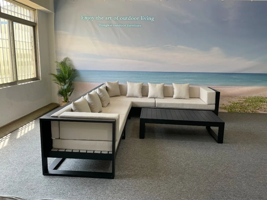 Modern Dark Grey Couch L Shaped Patio Sofa Hotel Outdoor Furniture Sets Modular Metal Garden Aluminium Sofa