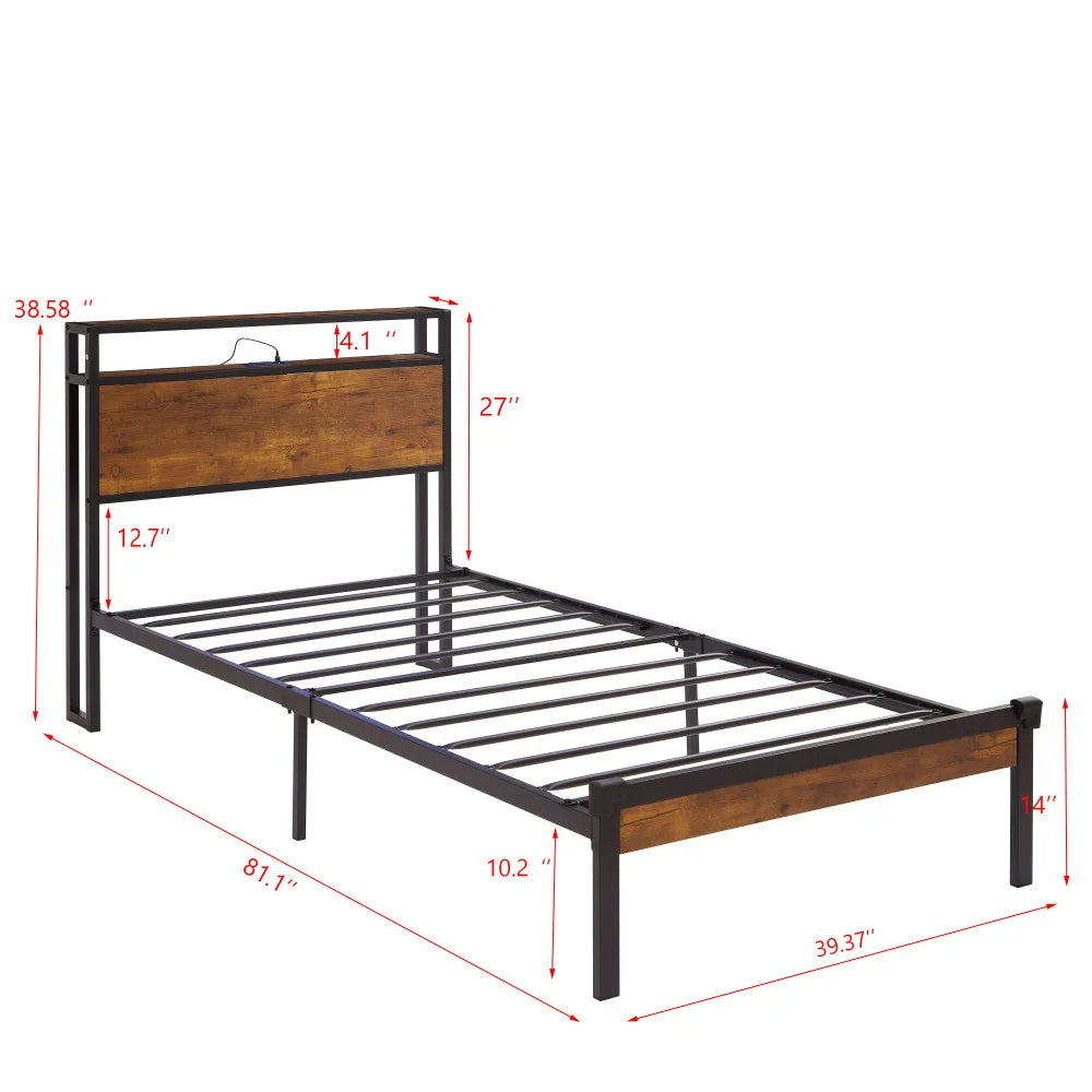 Metal Bed Frame, Wooden Headboard, USB Ports, No Box Spring, Under Bed Storage, Easy Assembly  Bed Frame Furniture Bedroom