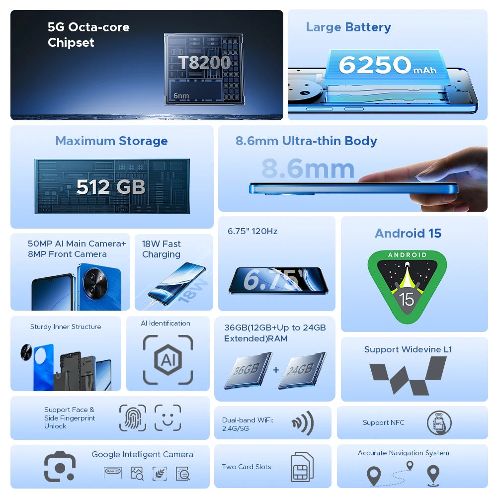 DOOGEE Note59 Pro+ 5G Smartphone Android 15 Global Version 6250mAh Battery 6.75'' 120Hz Display 12GB 512GB Mobile Phone NFC