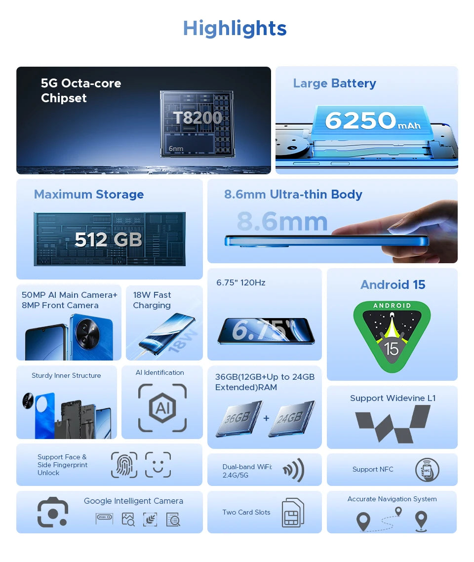 DOOGEE Note59 Pro+ 5G Smartphone Android 15 Global Version 6250mAh Battery 6.75'' 120Hz Display 12GB 512GB Mobile Phone NFC