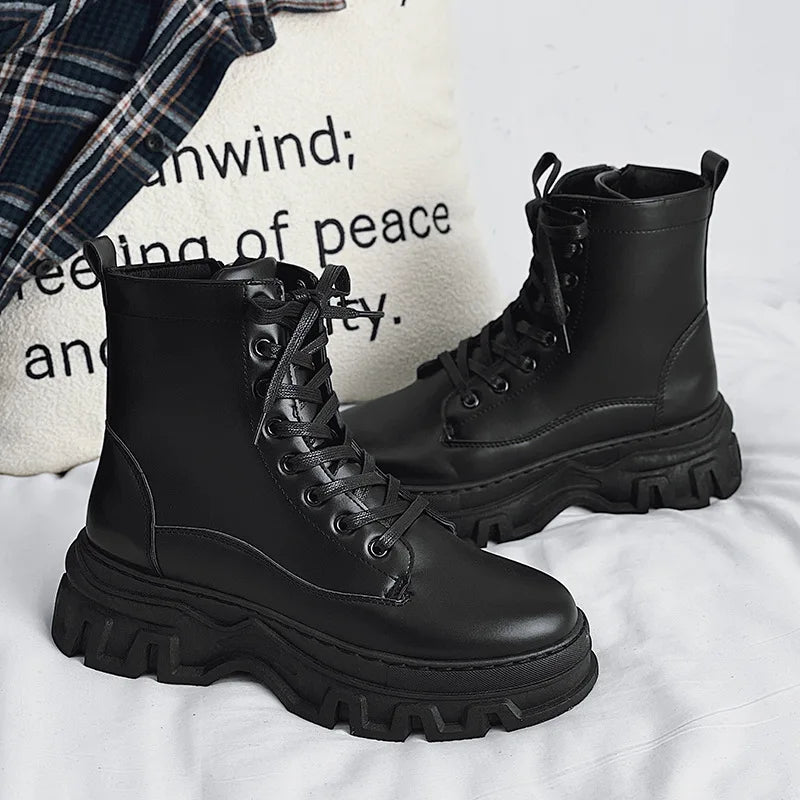 Leather England Black Men's Biker Boot Fashion Young Waterproof Trendy Boots Man Autumn Winter High Top Classic Basic Shoes