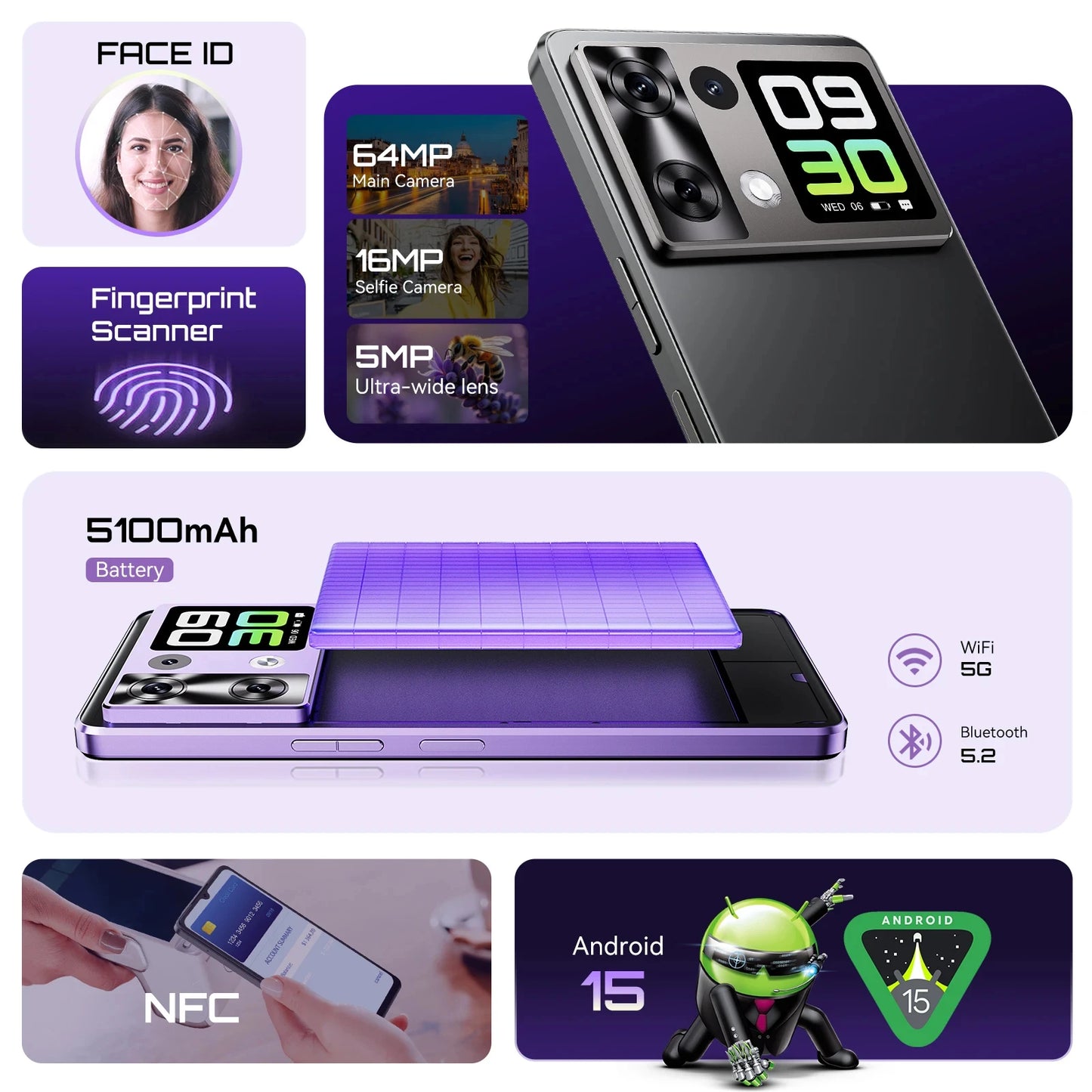 Cubot Smartphone P90,Dual Speakers,Android 15,6.88" 120Hz Display,24GB(12GB+12GB)RAM,256GB ROM,G100 Octa-core,64MP Camera,NFC