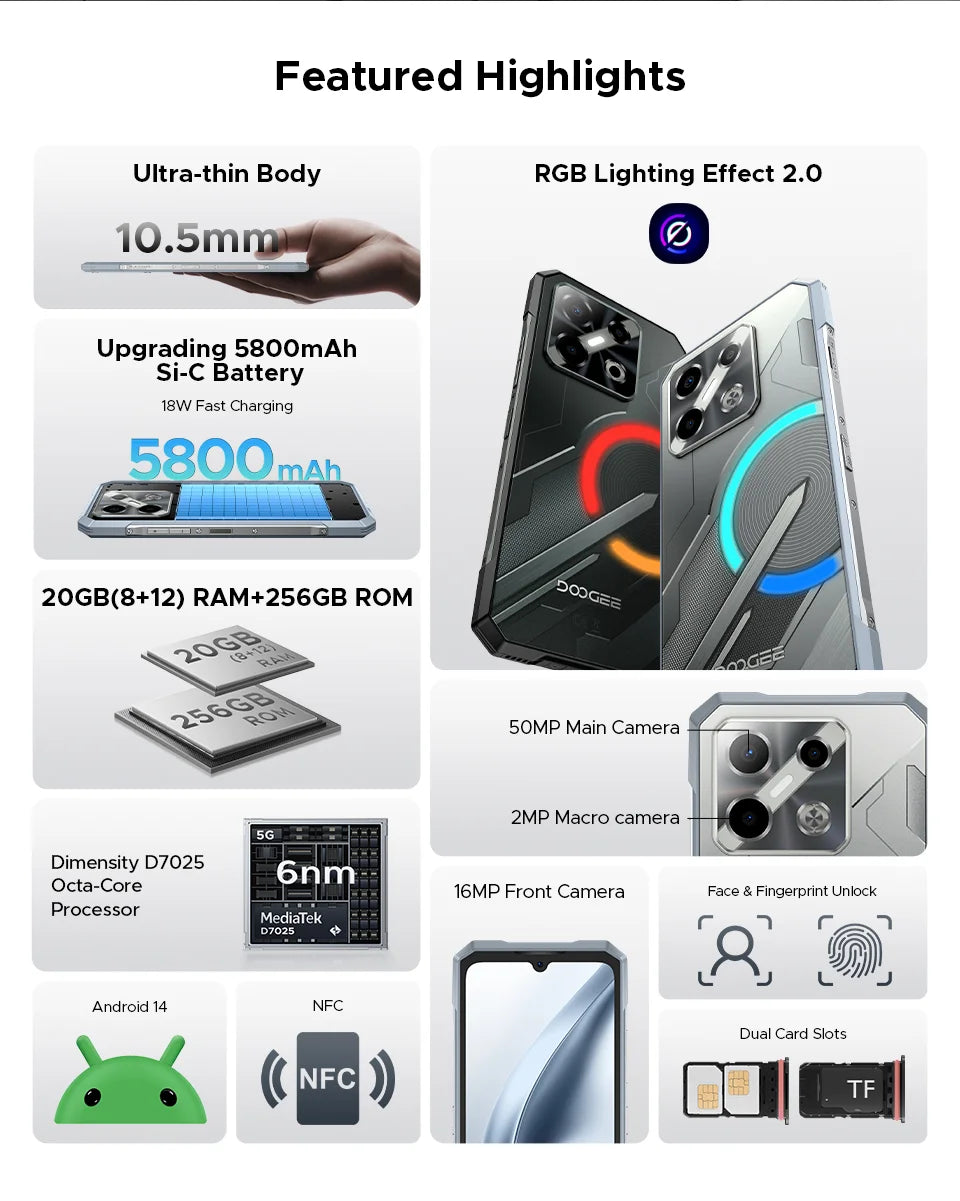 Global Version DOOGEE Blade GT Play Rugged Phone 20(8+12)GB 256GB 6.72” FHD+ 120Hz LED Light Effect Dimensity 7025 50MP Camera