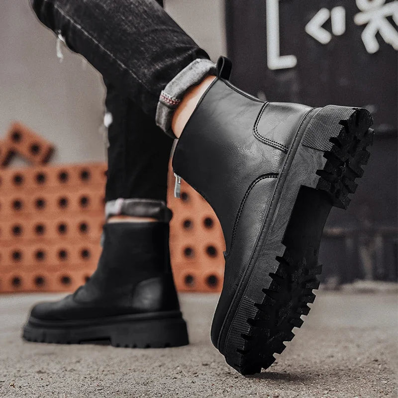 Men's Winter Leather Boots High Tops Zippers Waterproof Big Round Toe Trendy All-match New Fashion Mans Tooling Boot Main Push