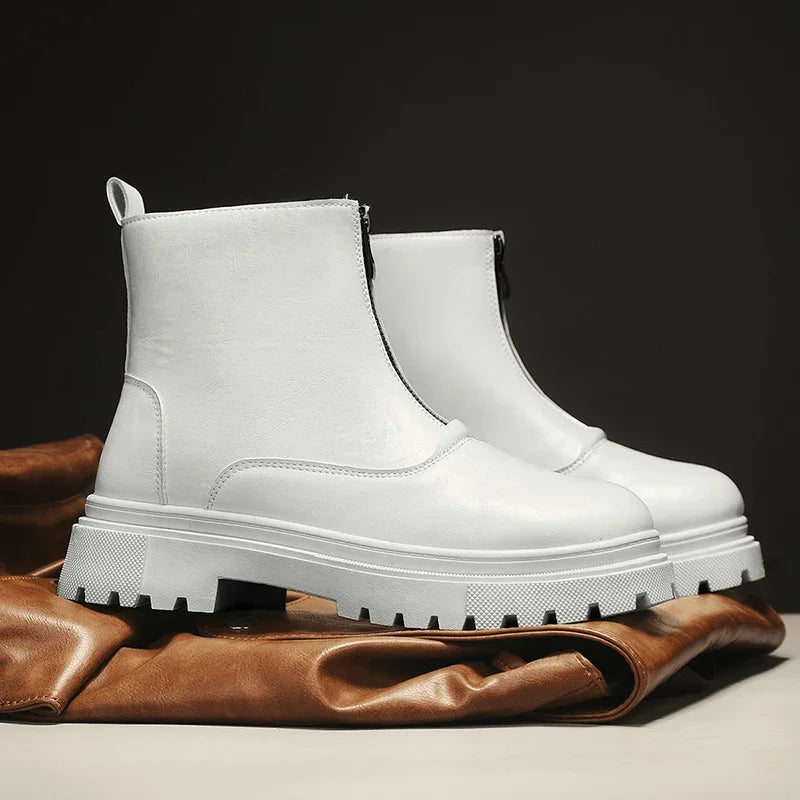Men's Winter Leather Boots High Tops Zippers Waterproof Big Round Toe Trendy All-match New Fashion Mans Tooling Boot Main Push
