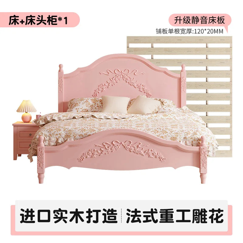French Solid Wood Bed Pink Princess Bed Girl Bedroom 1.8 Meters 1.5m Double Retro European Carved Bed American
