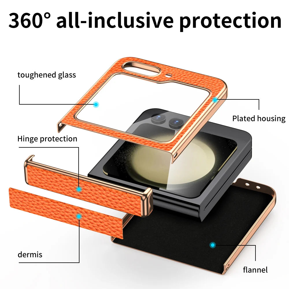 Cowhide Leather Phone Case for Samsung Galaxy Z Flip7 Flip6 Flip5 Flip 7 6 5 Luxury Hinge Protection Cover with Tempered Glass