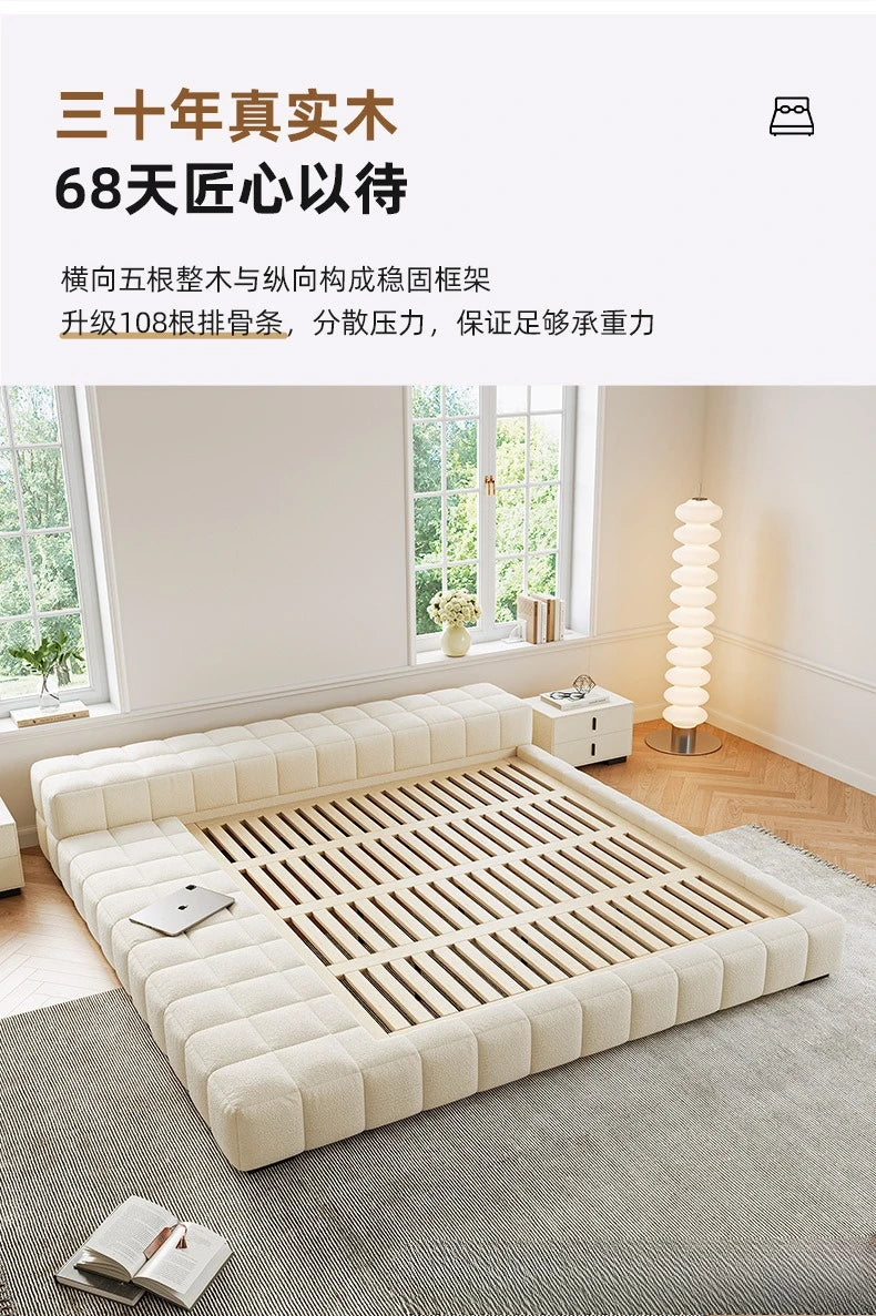 Cream Wind Tatami Floor To Ceiling Bed Master Bedroom Bed Light Luxury Fabric Logue Bed Minimalist Modern Luxury Bed 245cm Beds