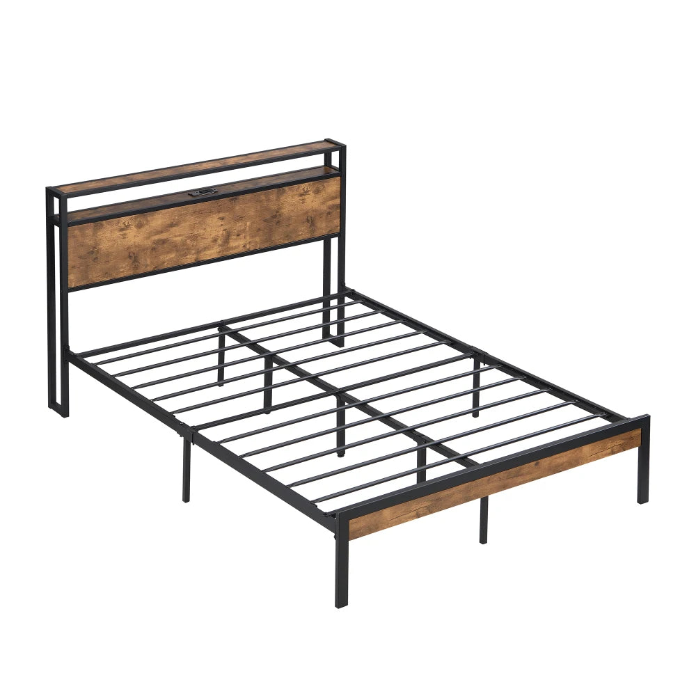 Metal Bed Frame, Wooden Headboard, USB Ports, No Box Spring, Under Bed Storage, Easy Assembly  Bed Frame Furniture Bedroom