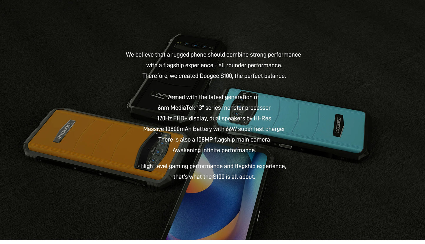 DOOGEE S100 12GB 256GB Flagship Smartphone 10800mAh 66W Fast Charge 108MP Rugged Mobile Phone 6nm Octa Core Android 12 Cellphone