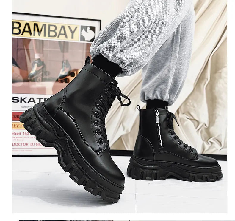 Leather England Black Men's Biker Boot Fashion Young Waterproof Trendy Boots Man Autumn Winter High Top Classic Basic Shoes