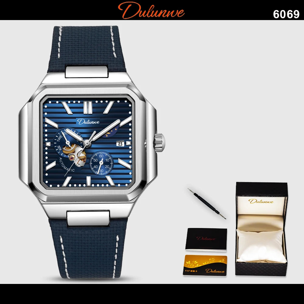 Dulunwe Fashion Men's Watch Automatic Mechanical Multi-function Small Dial Square Design 30M Waterproof Top Brand Wristwatches