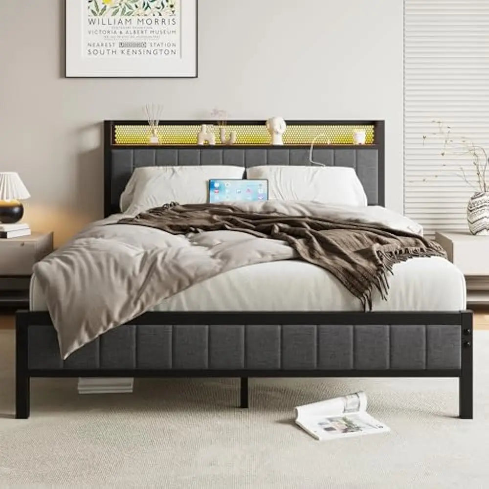LED Bed Frame with Storage Headboard & Charging Station, No Box Spring Needed Heavy Duty Metal Upholstered Platform Bed Frame