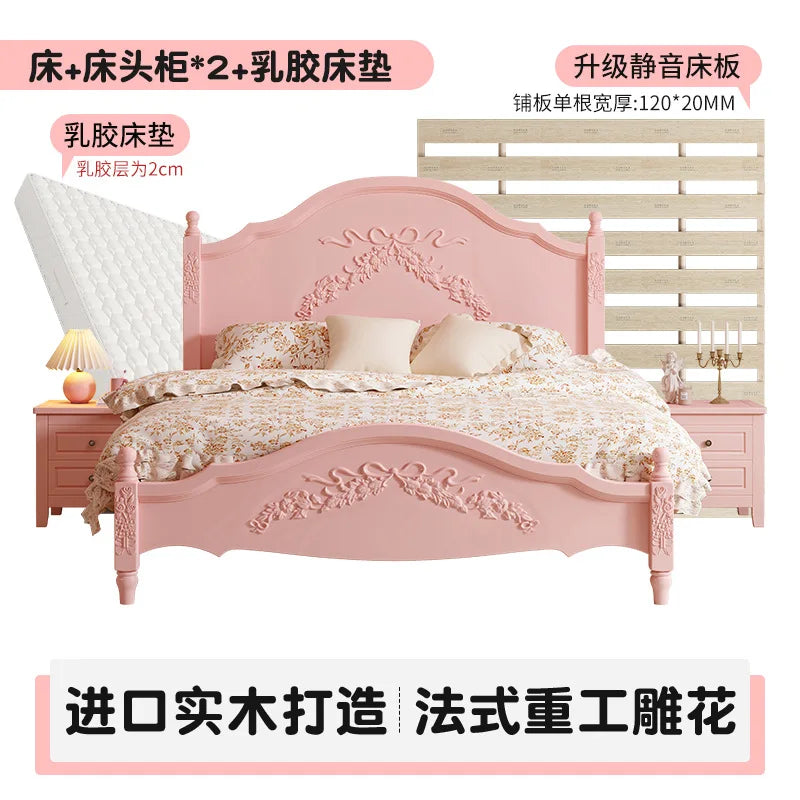 French Solid Wood Bed Pink Princess Bed Girl Bedroom 1.8 Meters 1.5m Double Retro European Carved Bed American