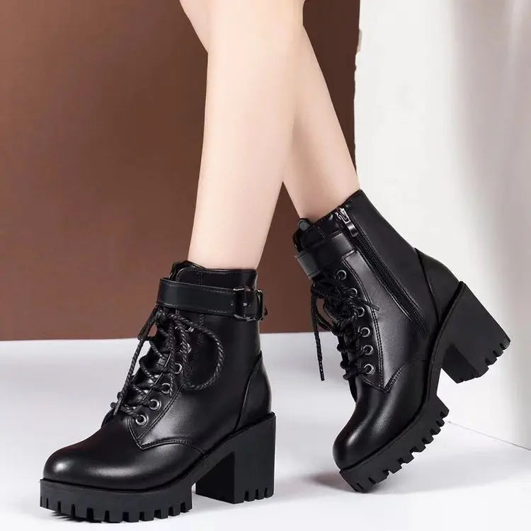Winter Women's Boots 2024 New Lace Up Boots for Womens Fashion Thick Heel Side Zipper Ankle Boots Warm Female Motorcycle Shoes