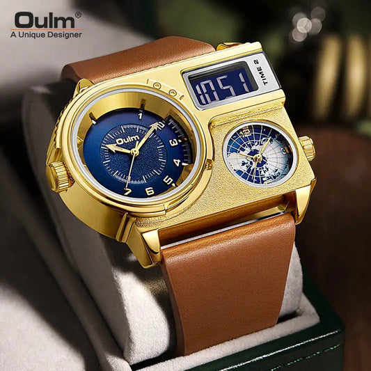 Oulm 5026 Watch Dual Display Two Time Zone Quartz Male Big Wristwatch Men's Genuine Leather Watches