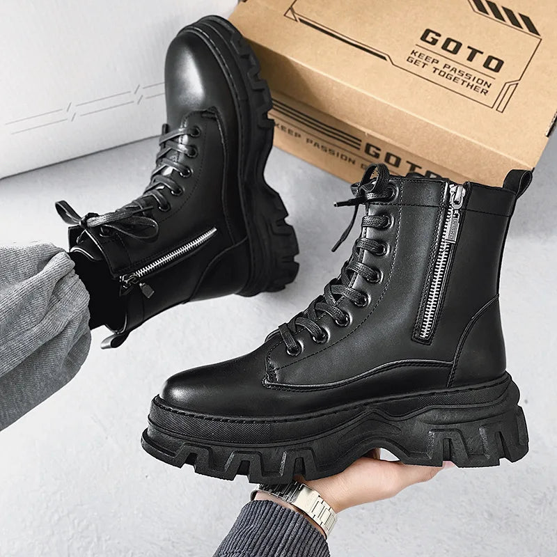 Leather England Black Men's Biker Boot Fashion Young Waterproof Trendy Boots Man Autumn Winter High Top Classic Basic Shoes