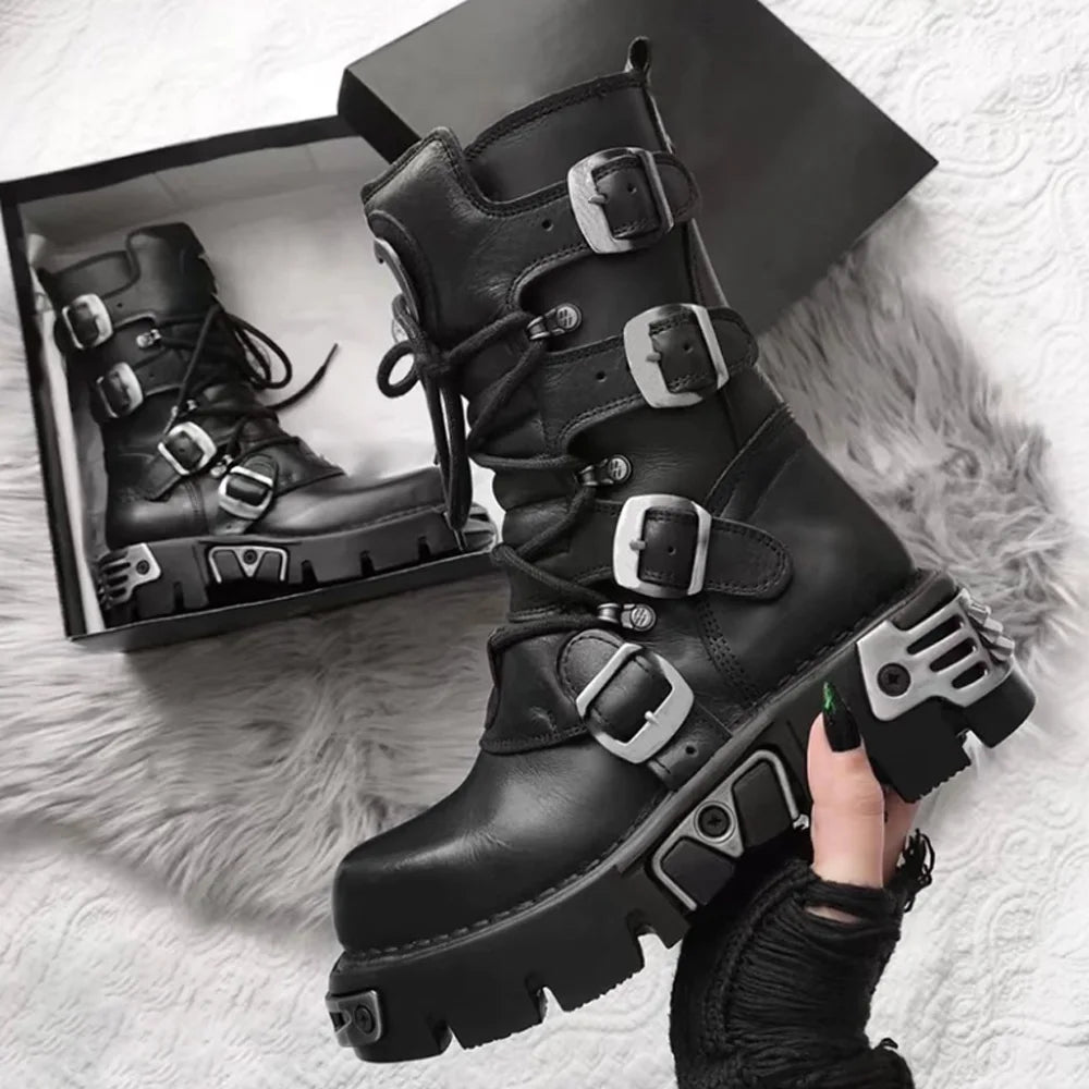 Men's Fashion Genuine Leather Motorcycle Boots Gothic Skull Punk Boots Design Rock Women Mid-calf Boots Metallic Combat Boot48