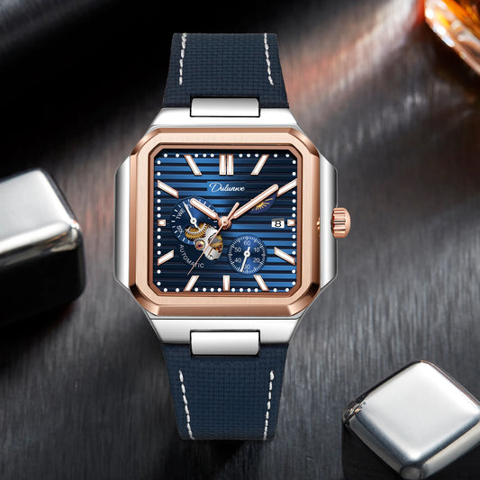 Dulunwe Fashion Men's Watch Automatic Mechanical Multi-function Small Dial Square Design 30M Waterproof Top Brand Wristwatches