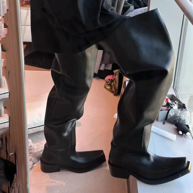 Black Riding Boots for Women Men Square Toe Chunky Platform Over The Knee High Boots Pleated Loose Tube Long Boots Slip On