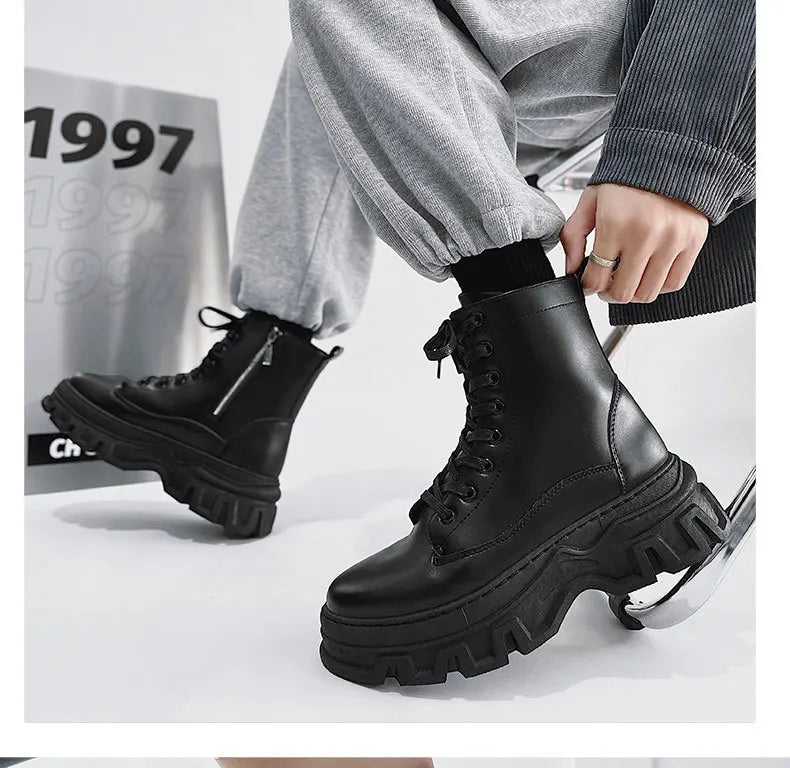 Leather England Black Men's Biker Boot Fashion Young Waterproof Trendy Boots Man Autumn Winter High Top Classic Basic Shoes