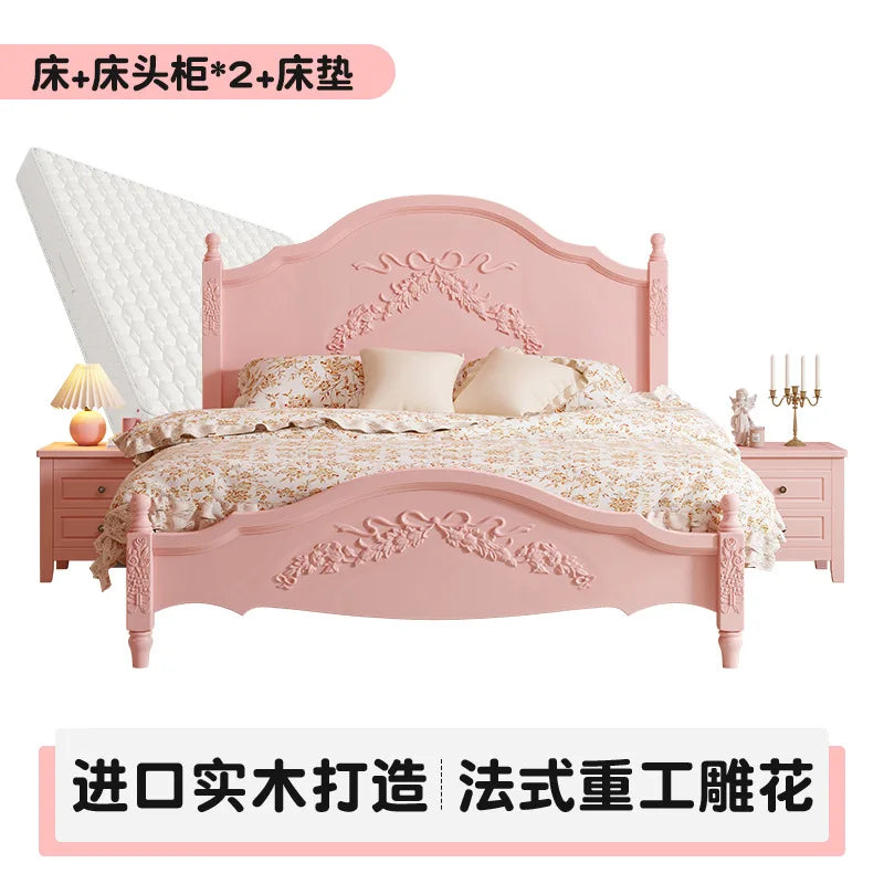 French Solid Wood Bed Pink Princess Bed Girl Bedroom 1.8 Meters 1.5m Double Retro European Carved Bed American