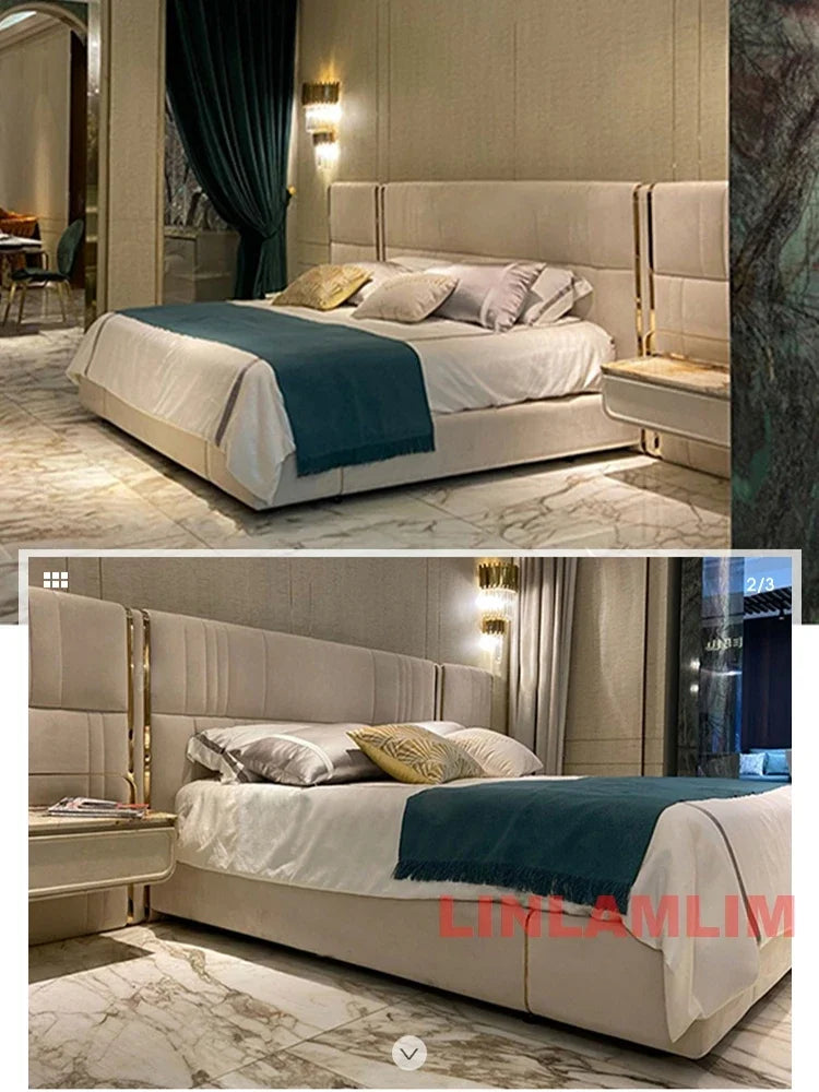 MINGDIBAO Luxury King / Queen Size Upholstered Bed Frame with Nightstands & Gold Accents, Modern Designer Genuine Leather Bed