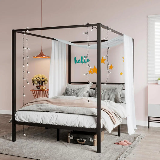 Canopy Bed Frame Full Size/Mattress Foundation with Metal Slats Support/No Box Spring Needed/Easy Assembly/Black