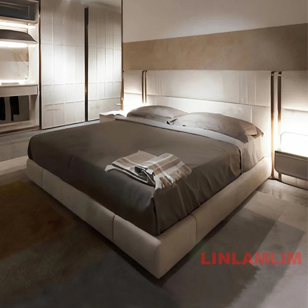 MINGDIBAO Luxury King / Queen Size Upholstered Bed Frame with Nightstands & Gold Accents, Modern Designer Genuine Leather Bed