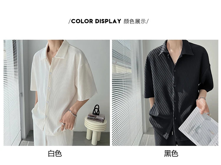Summer Pleated Sets Men Fashion Black/White Casual Ice Silk Suit Men Korean Short-sleeved Shirt/Trousers Two-piece Mens Set