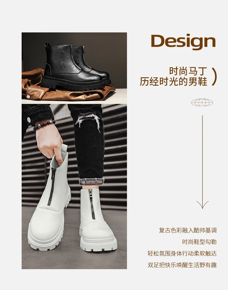 Men's Winter Leather Boots High Tops Zippers Waterproof Big Round Toe Trendy All-match New Fashion Mans Tooling Boot Main Push